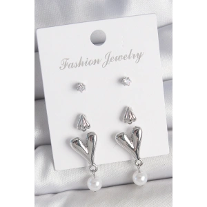 Pirinç Gümüş Renk Zirkon Taşlı Sallantılı Kalp Model 3 Çift Kadın Küpe Seti