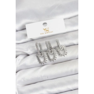 Pirinç Gümüş Renk Zirkon Taşlı Vintage Model YSX Trio Küpe Seti