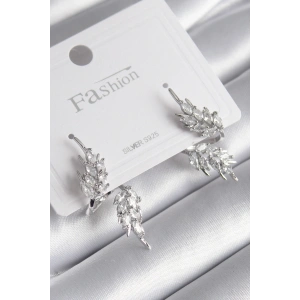 Pirinç Gümüş Renk Zirkon Taşlı Yaprak Model Kadın Küpe