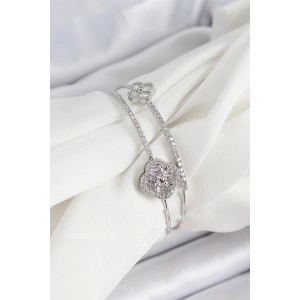 Pirinç Gümüş Renk Zirkon Taşlı Yonca Model 2li Kadın Bileklik