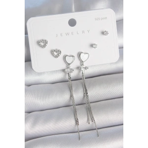 Pirinç Gümüş Sallantı Beyaz Mineli Kalp Model Zirkon Taşlı Kalp Detay 925 Ayar Gümüş Çivi Kadın Küpe Seti