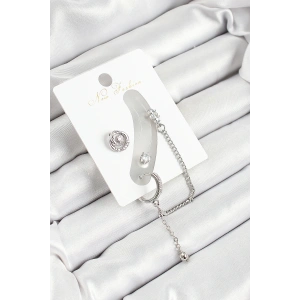 Pirinç Halka Figürlü Zirkon Taşlı Gümüş Renk 3lü Kıkırdak Kadın Küpe Set