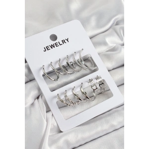 Pirinç Karışık Halka Model Gümüş Renk 6 Çift Kadın Küpe Set