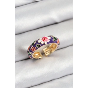 Pirinç Mor Mineli Çiçek Motifli Gold Renk Ayarlanabilir Kadın Yüzük