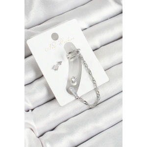 Pirinç Ok Figürlü Zirkon Taşlı Gümüş Renk 3lü Kıkırdak Kadın Küpe Set