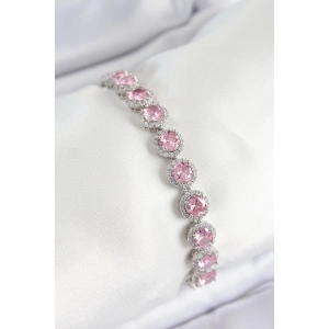 Pirinç Pembe Zirkon Taşlı Daire Baget Model Gümüş Renk VIP Seri Kadın Bileklik