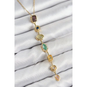 Pirinç Renkli Zirkon Taşlı Model Gold Renk 7 Element Kadın Y Kolye