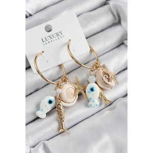 Pirinç Sallantılı Seramik Balık Ve Deniz Kabuğu Model Gold Renk Kadın Küpe