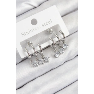 Pirinç Sallantılı Zirkon Taşlı Model Gümüş Renk Kadın Küpe