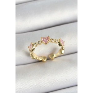 Pirinç Sıralı Kalp Figürlü Zirkon Taşlı Gold Renk Ayarlanabilir Kadın Yüzük