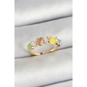 Pirinç Sıralı Kalp Figürlü Zirkon Taşlı Gold Renk Ayarlanabilir Kadın Yüzük