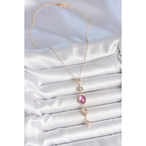 Pirinç Zincir Gold Renk Pembe Zirkon Taşlı Y Kolye