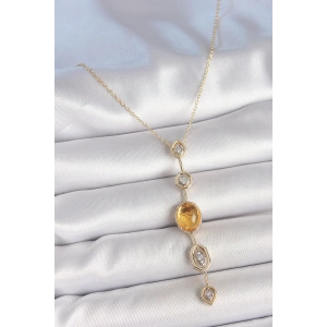 Pirinç Zincir Kehribar Sarı Gold Renk  Zirkon Taşlı Y Kolye