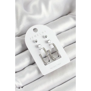 Pirinç Zirkon Taş Ve Dikdörtgen Figürlü Gümüş Renk 3lü Çift Kadın Küpe Set