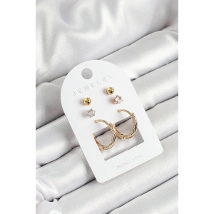 Pirinç Zirkon Taş Ve Halka Figürlü Gold Renk 3lü Çift Kadın Küpe Set