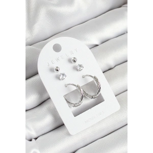 Pirinç Zirkon Taş Ve Halka Figürlü Gümüş Renk 3lü Çift Kadın Küpe Set