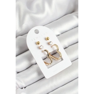 Pirinç Zirkon Taş Ve Kalp Figürlü Gold Renk 3lü Çift Kadın Küpe Set