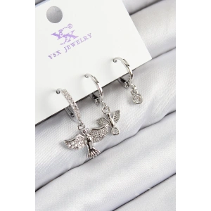 Pirinç Zirkon Taşlı 3lü Kuş Model Gümüş Renk Kadın Küpe