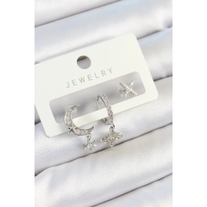 Pirinç Zirkon Taşlı Çiçek Ve Ay Model Gümüş Renk 3lü Çift Kadın Küpe Set