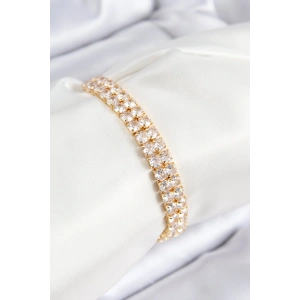 Pirinç Zirkon Taşlı Çift Sıra Kare Model Gold Renk Asansörlü Kadın Bileklik
