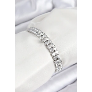 Pirinç Zirkon Taşlı Çift Sıra Kare Model Gümüş Renk Asansörlü Kadın Bileklik