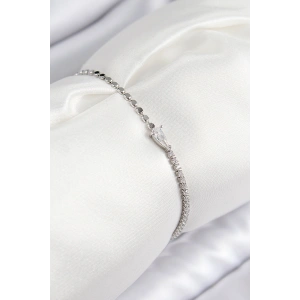 Pirinç Zirkon Taşlı Damla Model Ezme Zincir Gümüş Renk Kadın Bileklik