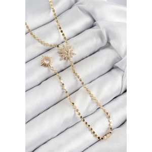 Pirinç Zirkon Taşlı Ezme Zincirli Kutup Yıldızı Model Gold Renk Y Kolye