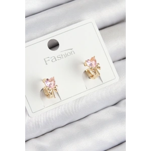 Pirinç Zirkon Taşlı Fiyonklu Kalp Model Gold Renk Çocuk Küpe