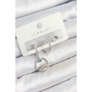 Pirinç Zirkon Taşlı Göz Ve Baykuş Model Gümüş Renk 3lü Çift Kadın Küpe Set