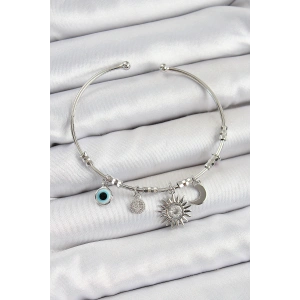 Pirinç Zirkon Taşlı Güneş Ay Ve Nazar Model Gümüş Renk Charm Bileklik