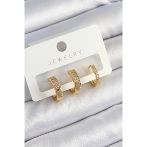 Pirinç Zirkon Taşlı Halka Model Gold Renk 3lü Çift Kadın Küpe Set