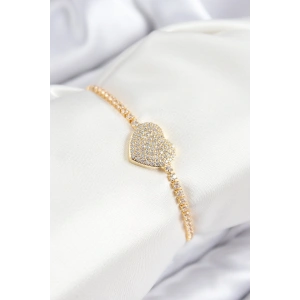 Pirinç Zirkon Taşlı Kalp Model Gold Renk Asansörlü Kadın Bileklik