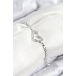 Pirinç Zirkon Taşlı Kalp Model Gümüş Renk Asansörlü Kadın Bileklik