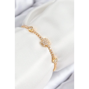 Pirinç Zirkon Taşlı Kar Tanesi Model Gold Renk Asansörlü Kadın Bileklik