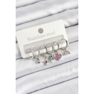 Pirinç Zirkon Taşlı Karpuz Yonca Kalp Pusula Karışık Model Gümüş Renk 6lı Set Kadın Küpe