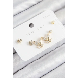 Pirinç Zirkon Taşlı Kelebek Model Gold Renk 925 Ayar Gümüş Çivi Kadın Küpe Set