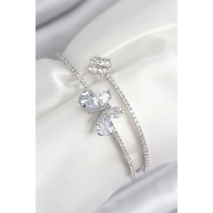 Pirinç Zirkon Taşlı Kelebek Ve Yonca Model Gümüş Renk Kadın Bileklik