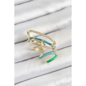 Pirinç Zirkon Taşlı Mavi Yeşil Sıkıştırma Sağ Kıkırdak Gold Renk Kadın Küpe