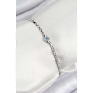 Pirinç Zirkon Taşlı Nazar Model Ezme Zincir Gümüş Renk Kadın Bileklik