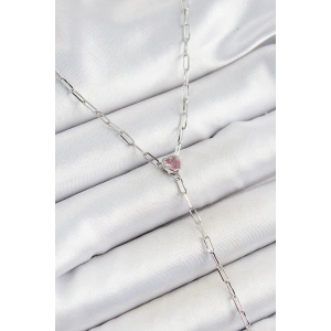 Pirinç Zirkon Taşlı Pembe Kalp Figürlü Y Model Gümüş Renk Kadın Kolye