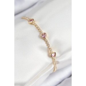 Pirinç Zirkon Taşlı Pembe Kalp Model Gold Renk Kadın Bileklik