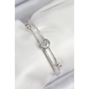 Pirinç Zirkon Taşlı Pırlanta Model Gümüş Renk Kadın Bileklik