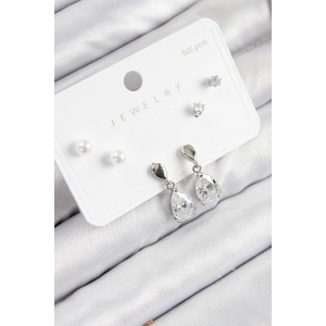 Pirinç Zirkon Taşlı Sallantılı Damla Model Gümüş Renk 925 Ayar Gümüş Çivi Kadın Küpe Set