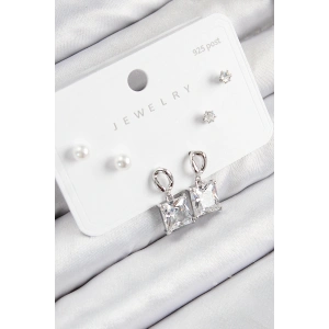 Pirinç Zirkon Taşlı Sallantılı Kare Model Gümüş Renk 925 Ayar Gümüş Çivi Kadın Küpe Set