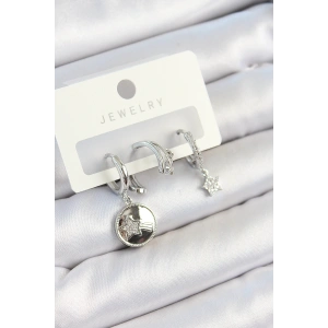 Pirinç Zirkon Taşlı Sallantılı Yıldız Model Gümüş Renk 3lü Çift Kadın Küpe Set