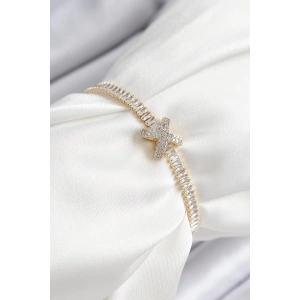 Pirinç Zirkon Taşlı X Detaylı Su Yolu Model Gold Renk Asansörlü Kadın Bileklik