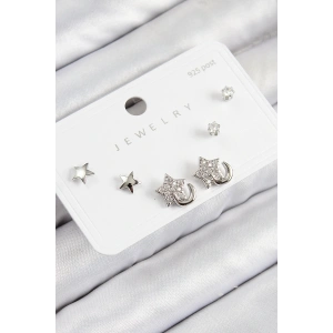 Pirinç Zirkon Taşlı Yıldız Model Gümüş Renk 925 Ayar Gümüş Çivi Kadın Küpe Set