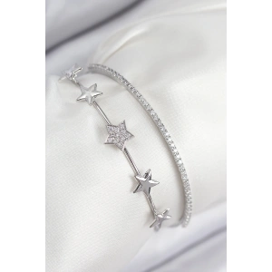 Pirinç Zirkon Taşlı Yıldız Model Gümüş Renk Kadın Bileklik
