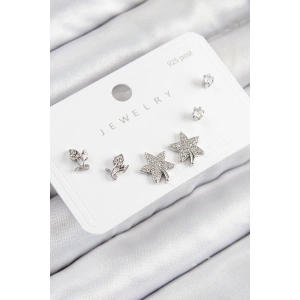 Pirinç Zirkon Taşlı Yıldız Ve Gül Model Gümüş Renk 925 Ayar Gümüş Çivi Kadın Küpe Set
