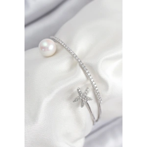 Pirinç Zirkon Taşlı Yıldız Ve İnci Model Gümüş Renk Kadın Bileklik